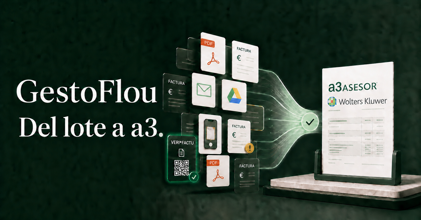 GestoFlou transforma facturas, correos, archivos de Drive y documentos VERI*FACTU en información preparada para continuar en a3
